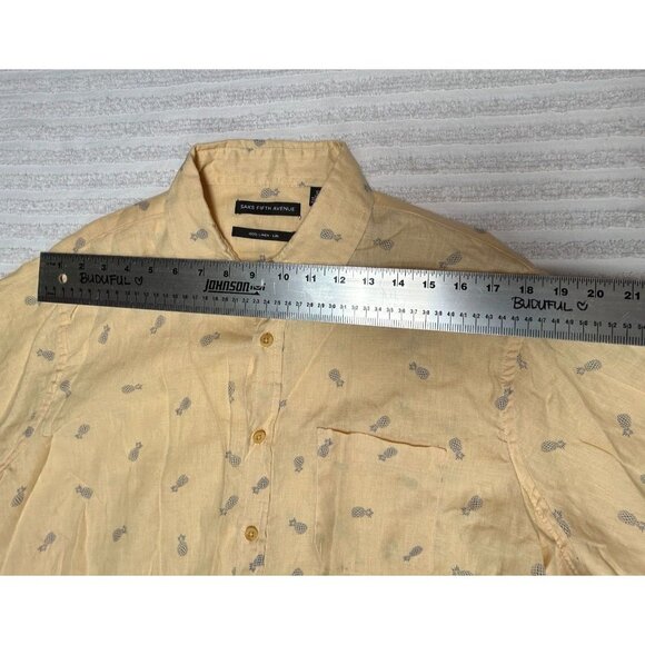 SAKS FIFTH AVENUE Mens Pineapple-Print Short Sleeve Shirt Size XL Yellow Linen - Picture 5 of 7